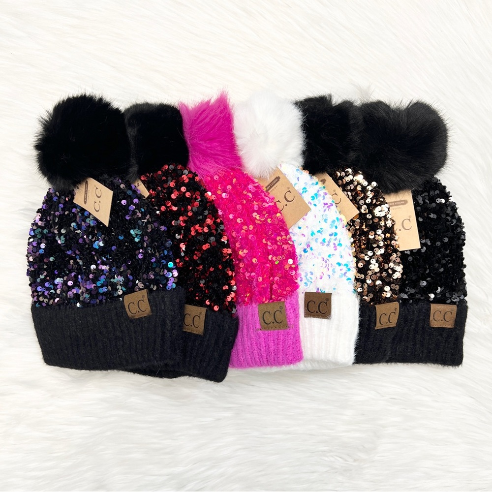 C.C Sparkly Sequin Pom Beanie Adults, CC Beanies, CC Pom Beanies, CC Winter Hat
